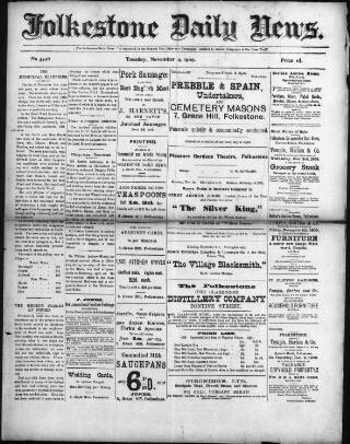 cover page of Folkestone Daily News published on November 2, 1909