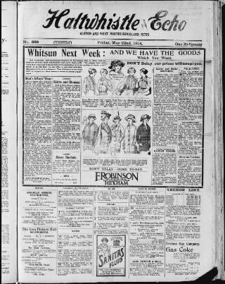cover page of Haltwhistle Echo published on May 22, 1914