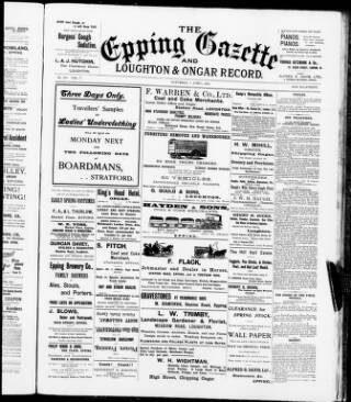 cover page of Epping and West Essex Gazette published on April 1, 1905