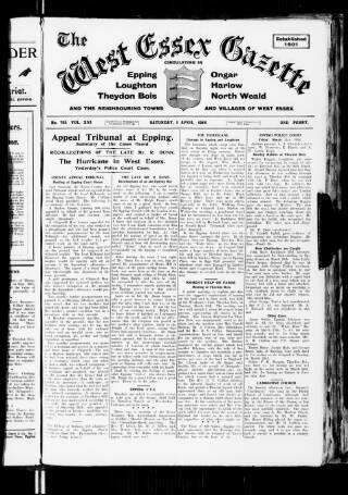 cover page of Epping and West Essex Gazette published on April 1, 1916