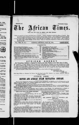 cover page of African Times published on May 22, 1869