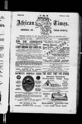 cover page of African Times published on November 2, 1896