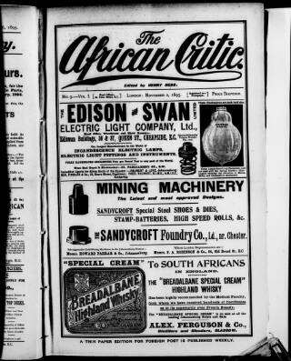cover page of African Critic published on November 2, 1895