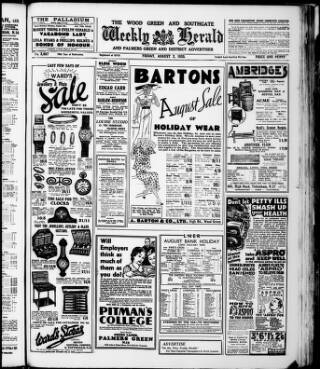 cover page of Wood Green and Southgate Weekly Herald published on August 2, 1935