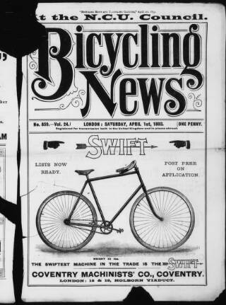 cover page of Bicycling News published on April 1, 1893