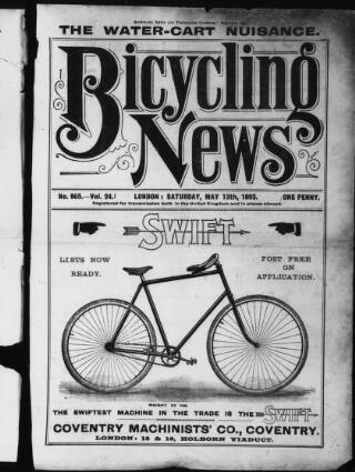 cover page of Bicycling News published on May 13, 1893