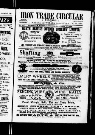 cover page of Iron Trade Circular (Rylands') and Hardware Weekly Messenger published on December 15, 1883