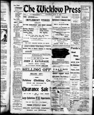 cover page of Wicklow Press published on June 13, 1908