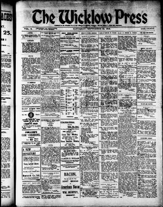 cover page of Wicklow Press published on September 28, 1912