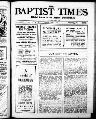 cover page of Baptist Times published on April 1, 1943