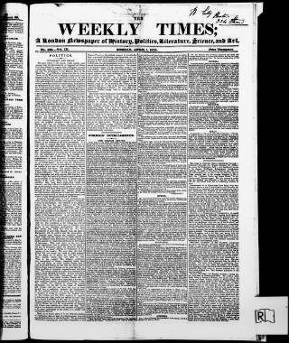 cover page of Weekly Times & Echo (London) published on April 1, 1855