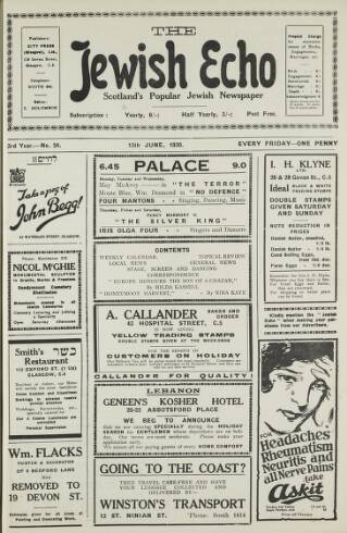 cover page of Jewish Echo published on June 13, 1930