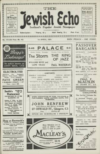 cover page of Jewish Echo published on April 1, 1931