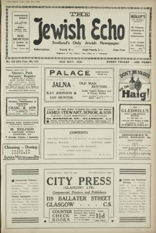 cover page of Jewish Echo published on May 22, 1936