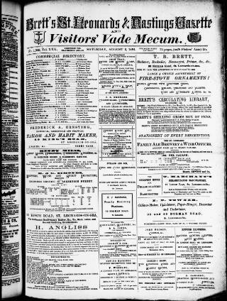 cover page of Brett's St. Leonards and Hastings Gazette and Visitors' Vade Mecum published on August 2, 1884
