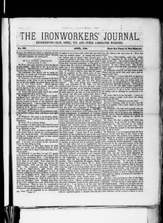 cover page of Ironworkers' Journal (Darlington) published on April 1, 1884