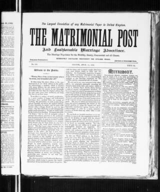 cover page of Matrimonial Post and Fashionable Marriage Advertiser published on April 13, 1889