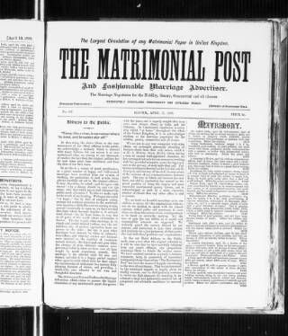 cover page of Matrimonial Post and Fashionable Marriage Advertiser published on April 27, 1889