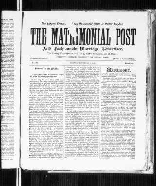 cover page of Matrimonial Post and Fashionable Marriage Advertiser published on November 9, 1889