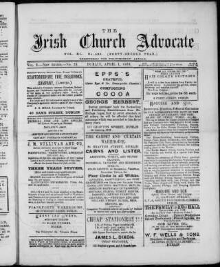 cover page of Irish Church Advocate published on April 1, 1878