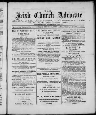 cover page of Irish Church Advocate published on August 1, 1878