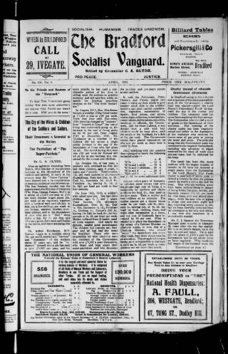 cover page of Bradford Socialist Vanguard published on April 1, 1917