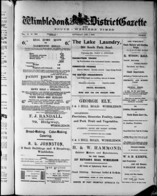 cover page of Wimbledon and District Gazette and South-Western Times published on April 1, 1905