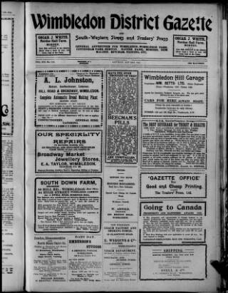 cover page of Wimbledon and District Gazette and South-Western Times published on May 22, 1915