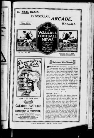 cover page of Walsall Football News published on November 2, 1929