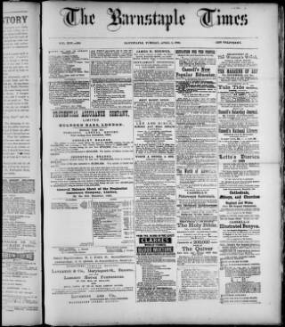 cover page of Barnstaple Times published on April 2, 1889