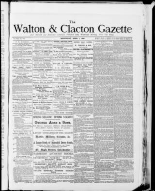 cover page of Walton Gazette and Harwich and Dovercourt Advertiser published on April 1, 1885