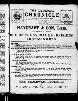 cover page of Deptford Chronicle published on November 28, 1896