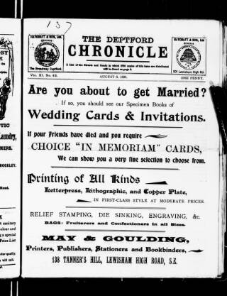 cover page of Deptford Chronicle published on August 6, 1898