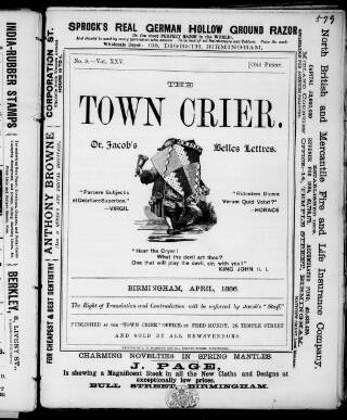 cover page of Birmingham Town Crier published on April 1, 1886