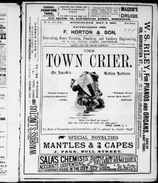 cover page of Birmingham Town Crier published on May 9, 1891