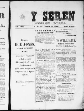 cover page of Seren (Bala, Wales) published on April 9, 1892