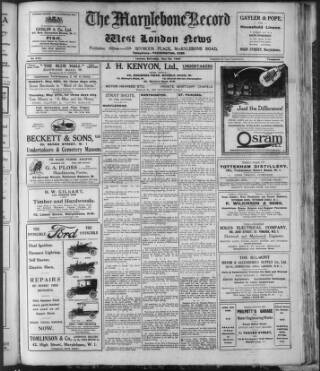 cover page of St. Marylebone and Paddington Record published on May 22, 1920
