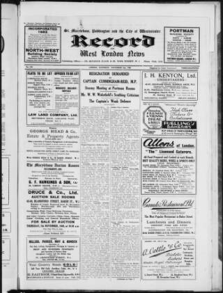 cover page of St. Marylebone and Paddington Record published on November 2, 1940