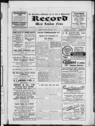 cover page of St. Marylebone and Paddington Record published on December 28, 1940
