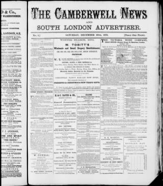 cover page of Camberwell News and South London Advertiser published on December 30, 1876