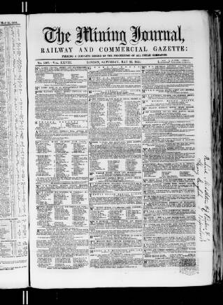 cover page of Mining Journal published on May 22, 1858