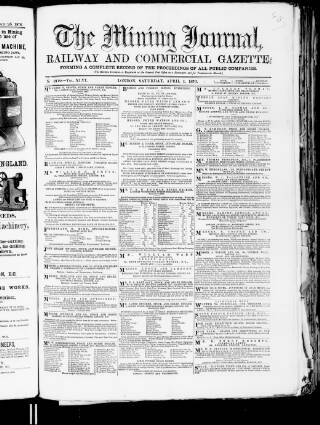 cover page of Mining Journal published on April 1, 1876