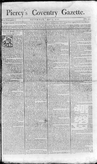 cover page of Piercy's Coventry Gazette published on April 25, 1778