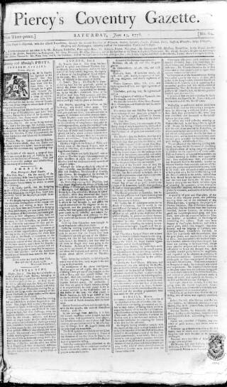 cover page of Piercy's Coventry Gazette published on June 13, 1778