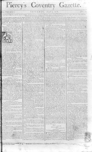 cover page of Piercy's Coventry Gazette published on August 1, 1778