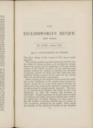 cover page of Englishwoman's Review published on April 1, 1874