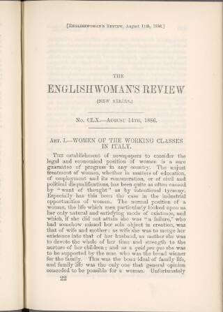 cover page of Englishwoman's Review published on August 15, 1886