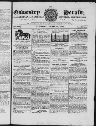 cover page of Oswestry Herald published on April 23, 1822