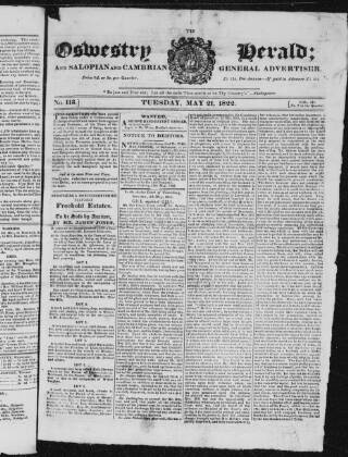cover page of Oswestry Herald published on May 21, 1822